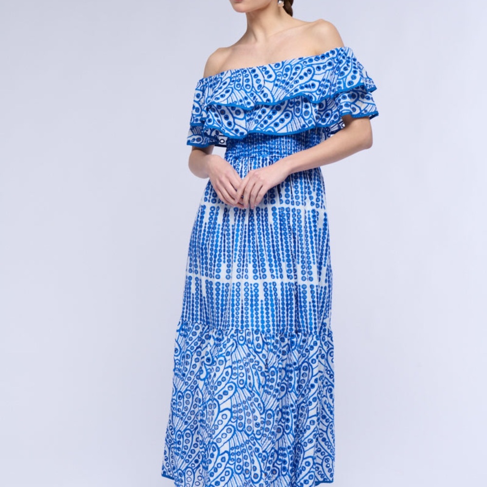 Akira, Gorgeous Blue And White, Eyelet, Embroidered Ruffled Maxi Dress, Size XL